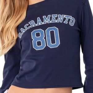 Edikted Navy Graphic Crop Top with Light Blue and White Accent